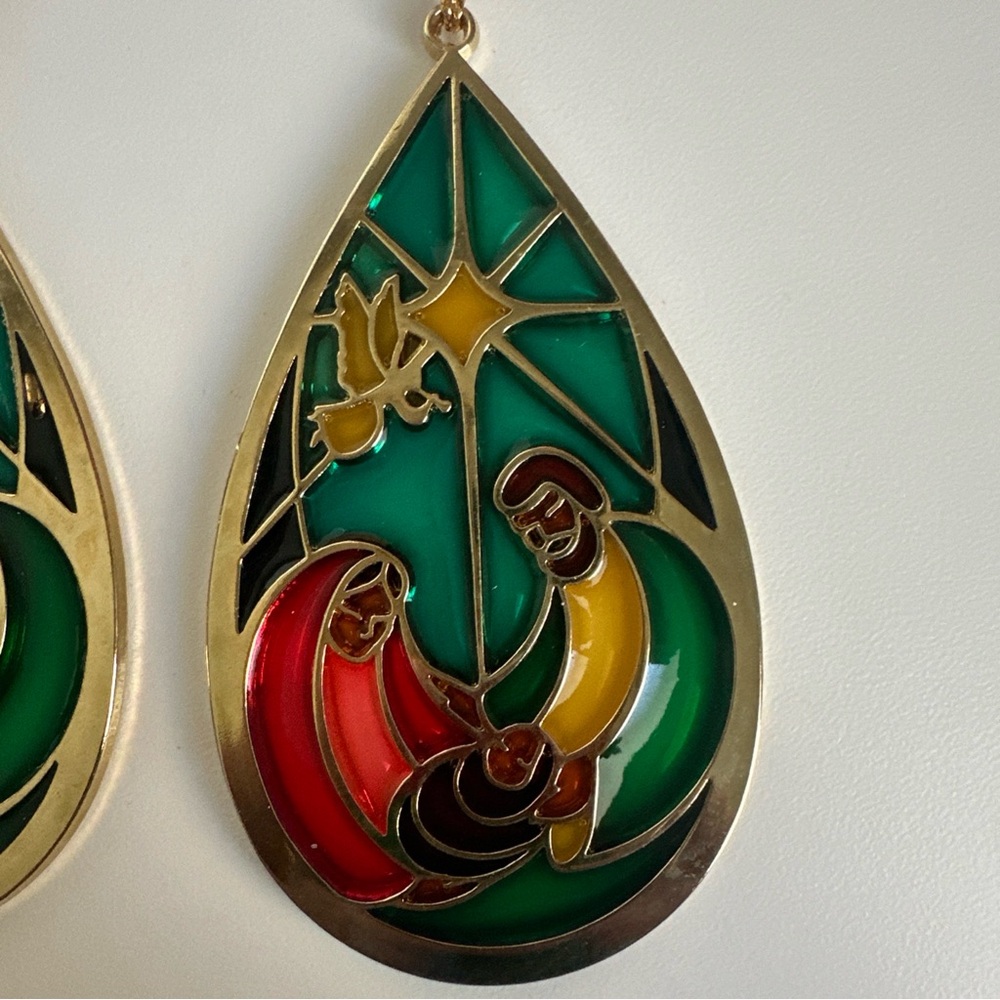 (2) Holy Family Stained Glass Window Teardrop Shape Gold Tone Xmas Ornament - Picture 6 of 15
